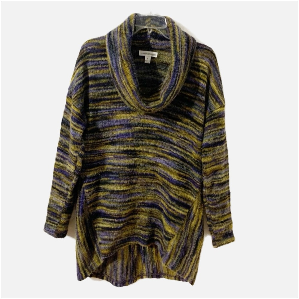 JohnPaulRichard Cowl Neck Hi-Lo Feathered Multi Colored Long Sleeve Sweater